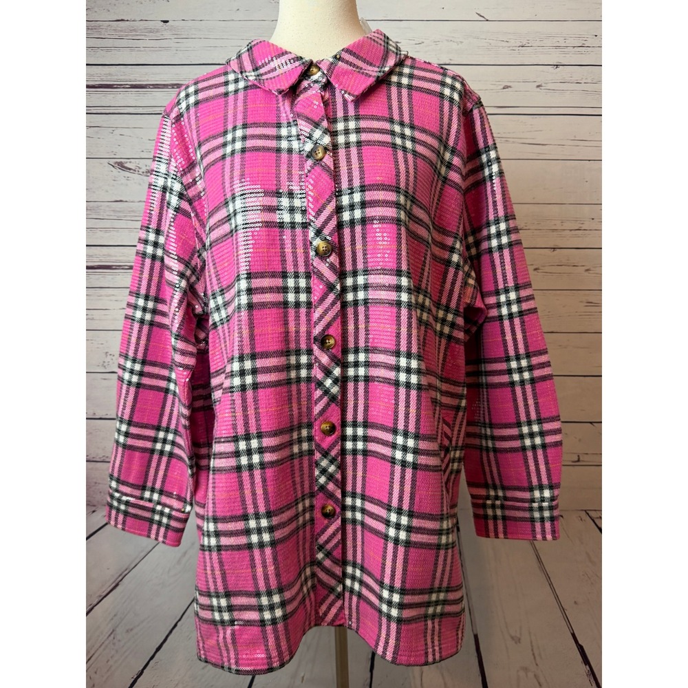 Jingle Belles Kim Gravel 1X Plus Size Jacket Sequin Plaid Shirt NWOT Shacket